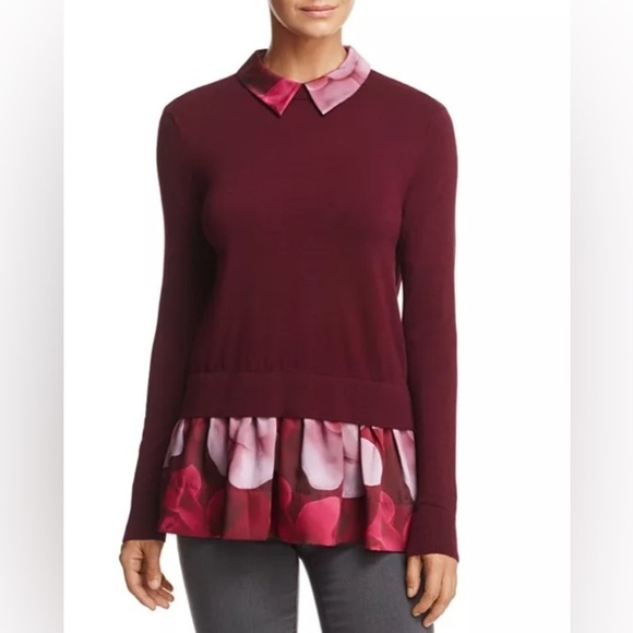 Ted Baker Brianca Porcelain Rose Layered Look Sweater Purple Peplum Sz 4 - Picture 1 of 13